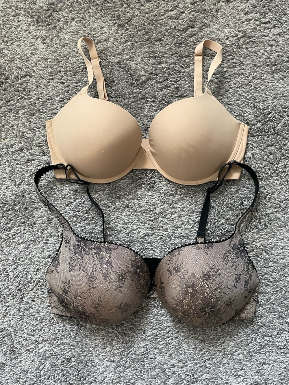 SKIMS Two-Pack Smooth Nude Bra & Taupe Lace Overlay Bra